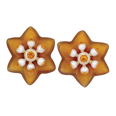 Lot 357 - Pair of Gold, Carved Carnelian, Citrine and Cultured Pearl Flower Earclips, Seaman Schepps