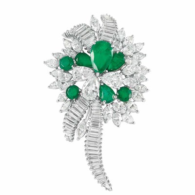 Lot 454 - Platinum, Diamond and Emerald Flower Brooch, Van Clief