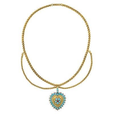 Lot 365 - Antique Gold, Turquoise, Ruby and Split Pearl Swag Necklace