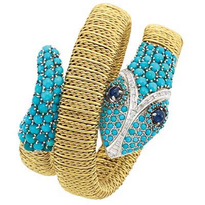 Lot 422 - Gold, Platinum, Turquoise, Diamond and Cabochon Sapphire Snake Bracelet