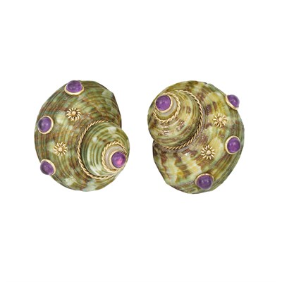 Lot 150 - Pair of Gold, Green Shell and Cabochon Amethyst Earclips, Maz