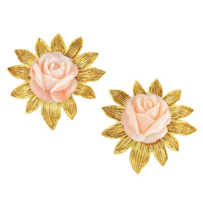 Lot 373 - Pair of Gold and Carved Angel Skin Coral Flower Earclips