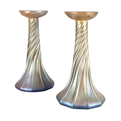 Lot 498 - Pair of Tiffany Favrile Glass Candlesticks...