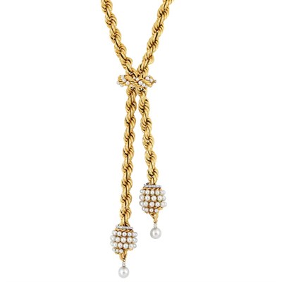 Lot 380 - Gold, Cultured Pearl and Diamond Slide Necklace