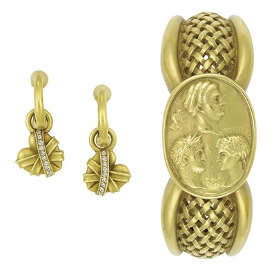 Lot 342 - Gold Bangle Bracelet and Pair of Gold and Diamond Pendant-Earclips, Barry Kieselstein-Cord