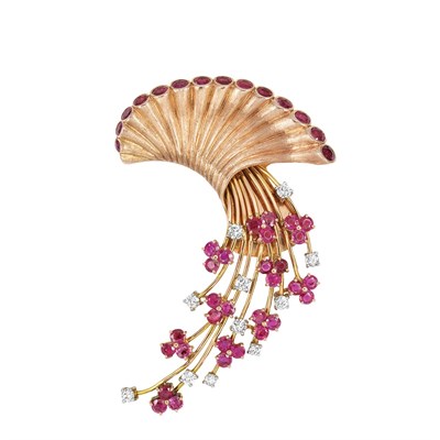 Lot 392 - Retro Two-Color Gold, Ruby and Diamond Spray Clip-Brooch