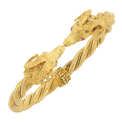 Lot 359 - Gold and Ruby Ram's Head Bangle Bracelet, Zolotas
