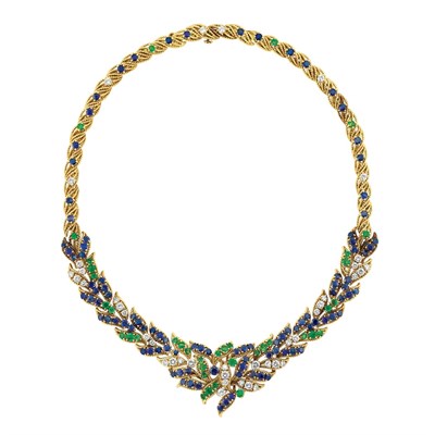 Lot 400 - Gold, Diamond, Emerald and Sapphire Necklace, Spritzer & Fuhrmann