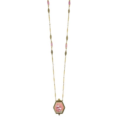 Lot 526 - Gold, Pink Guilloche Enamel, Enamel and Pearl Pendant-Necklace, E. Gubelin