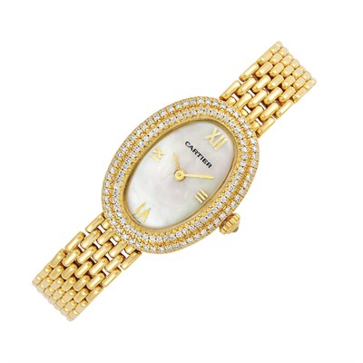 Lot 25 - Gold, Mother-of-Pearl and Diamond 'Baignoire' Wristwatch, Cartier, Paris