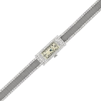 Lot 550 - Art Deco Platinum and Diamond Mesh Wristwatch, Longines