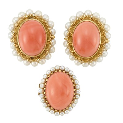 Lot 302 - Pair of Gold, Cabochon Coral and Cultured Pearl Earclips and Ring