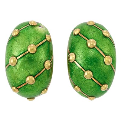 Lot 289 - Pair of Gold and Green Paillonne Enamel Bombe Earclips, Tiffany & Co., Schlumberger, France