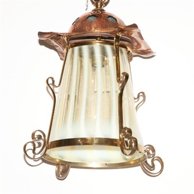 Lot 474 - Art Nouveau Hammered Copper and Brass Fixture...