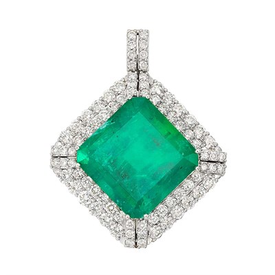 Lot 456 - White Gold, Emerald and Diamond Pendant