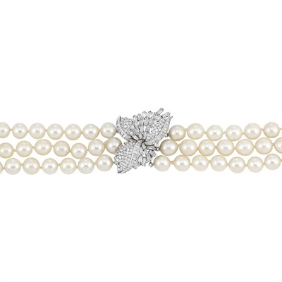 Lot 53 - Triple Strand Cultured Pearl Necklace with Platinum and Diamond Clasp