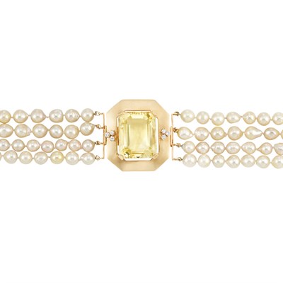 Lot 81 - Four Strand Semi-Baroque Cultured Pearl, Gold, Citrine and Diamond Necklace/Brooch Combination