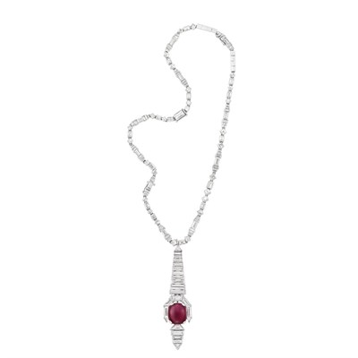 Lot 555 - Art Deco Platinum, Diamond and Cabochon Ruby Pendant Necklace/Bracelet Combination