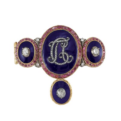 Lot 181 - Antique Gold, Silver, Blue Enamel, Diamond and Ruby Brooch