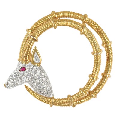 Lot 442 - Gold, Platinum, Diamond and Ruby 'Ibex' Brooch, Tiffany & Co., Schlumberger