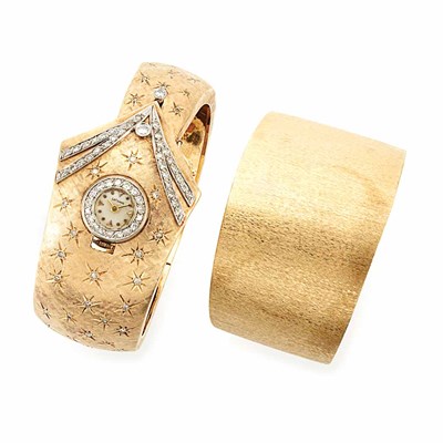 Lot 283 - Gold Cuff Bangle Bracelet and Gold and Diamond Watch-Bangle Bracelet