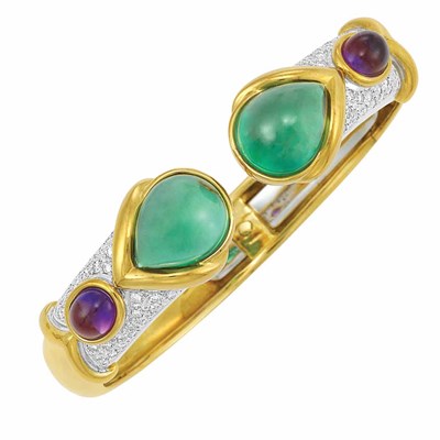 Lot 30 - Gold, Cabochon Tourmaline, Amethyst and Diamond Bangle Bracelet