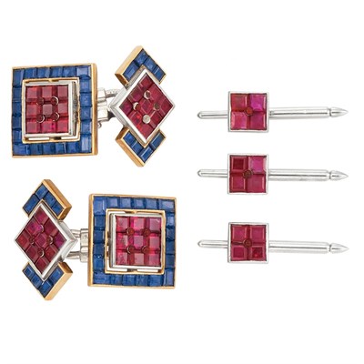 Lot 445 - Platinum, Gold, Ruby, Sapphire and Red Enamel Dress Set, Cartier, Paris