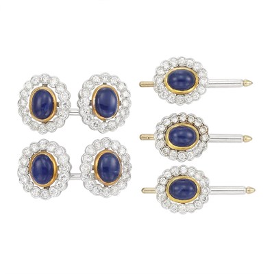 Lot 437 - Platinum, Gold, Cabochon Sapphire and Diamond Dress Set