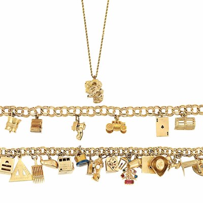 Lot 130 - Two Gold Charm Bracelets and Nugget Gold Pendant with Low Karat Gold Chain