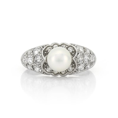 Lot 448 - Platinum, Natural Freshwater Pearl and Diamond Ring