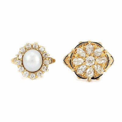Lot 680 - Two Antique Gold, Diamond, Enamel, Button Pearl and Diamond Rings