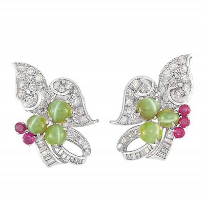 Lot 248 - Pair of Platinum, Cat's Eye, Diamond and Ruby Earclips