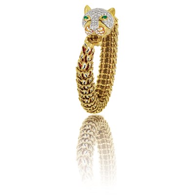 Lot 413 - Gold, Enamel, Diamond and Emerald Animal Head Bracelet, Hammerman Bros.