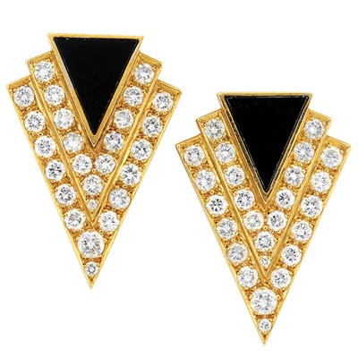 Lot 127 - Pair of Gold, Black Onyx and Diamond Earclips