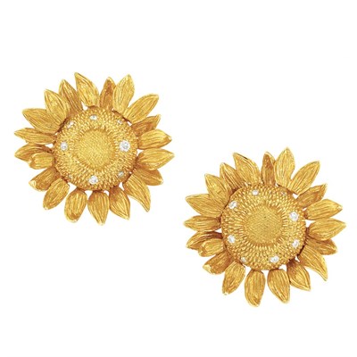 Lot 355 - Pair of Gold and Diamond Sunflower Earclips, Asprey
