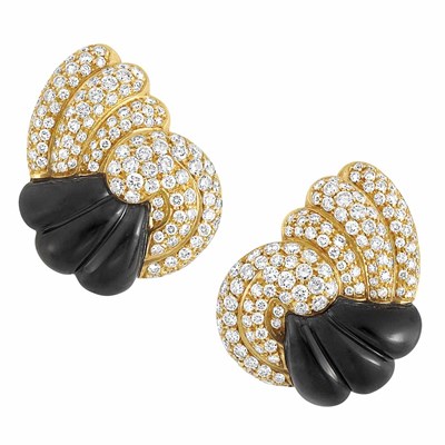 Lot 418 - Pair of Gold, Diamond and Black Onyx Earclips