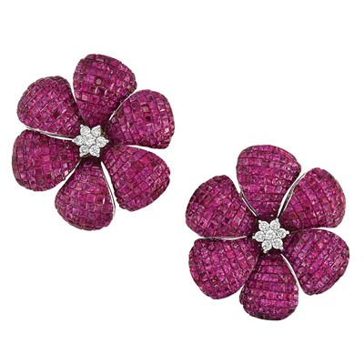 Lot 472 - Pair of White Gold, Invisibly-Set Ruby and Diamond Flower Earclips