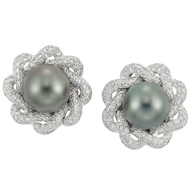 Lot 175 - Pair of White Gold, Gray Cultured Pearl and Diamond Earclips