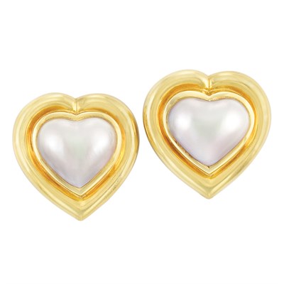 Lot 117 - Pair of Gold and Mabe Pearl Heart Earclips, Tiffany & Co.