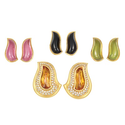 Lot 112 - Pair of Gold, Interchangeable Cabochon Gem-Set and Diamond Earclips