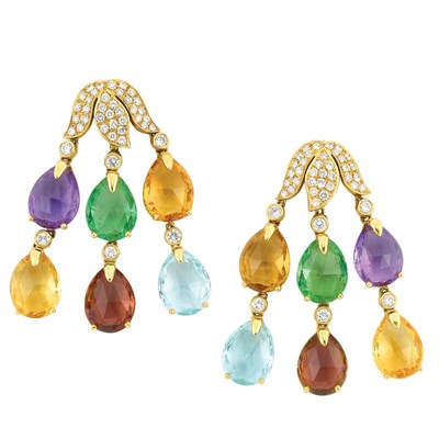 Lot 280 - Pair of Gold, Diamond and Gem-Set Pendant-Earclips
