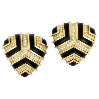 Lot 132 - Pair of Gold, Diamond and Black Enamel Earclips