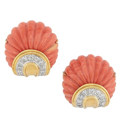 Lot 425 - Pair of Two-Color Gold, Fluted Coral and Diamond Earclips, Wander, France