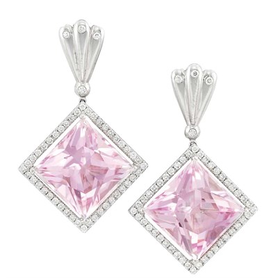 Lot 222 - Pair of White Gold, Kunzite and Diamond Pendant-Earclips
