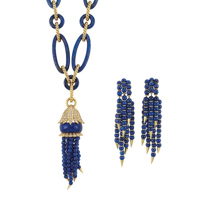 Lot 403 - Long Lapis, Gold and Diamond Sautoir and Pair of Fringe Earclips