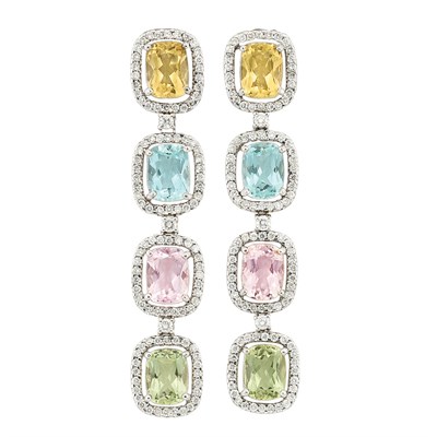 Lot 218 - Pair of White Gold, Multicolored Beryl and Diamond Pendant-Earclips