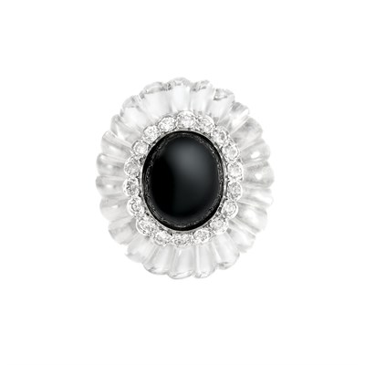Lot 163 - Rhodium-Plated Gold, Fluted Rock Crystal, Black Onyx and Diamond Ring