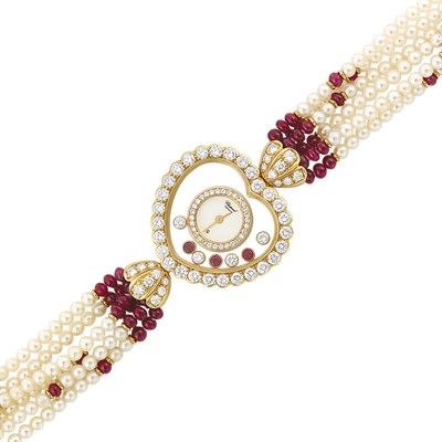 Lot 309 - Six Strand Cultured Pearl, Ruby Bead, Gold, Diamond, Ruby and Crystal 'Happy Diamond' Wristwatch, Chopard