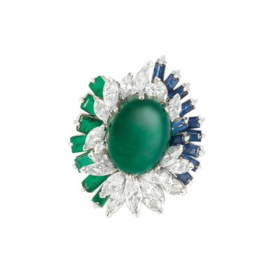 Lot 169 - White Gold, Cabochon Synthetic Emerald, Diamond and Synthetic Colored Stone Ring