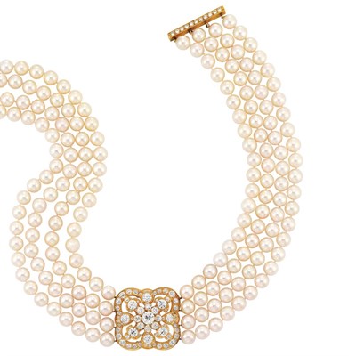 Lot 440 - Four Strand Cultured Pearl, Gold and Diamond Necklace